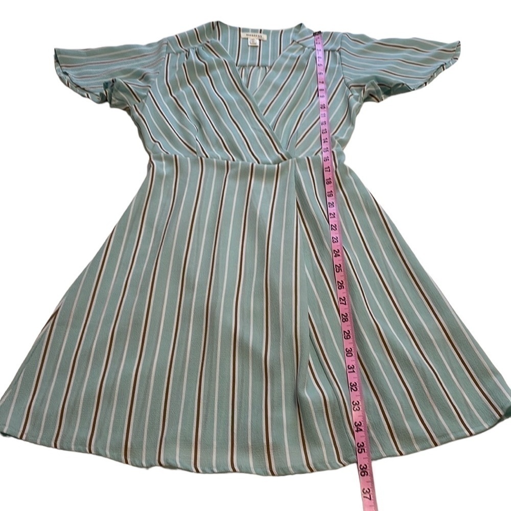 Pastel Striped Dress With Flutter Sleeve & Faux Wrap Tie Back- Size Medium - Picture 10 of 12